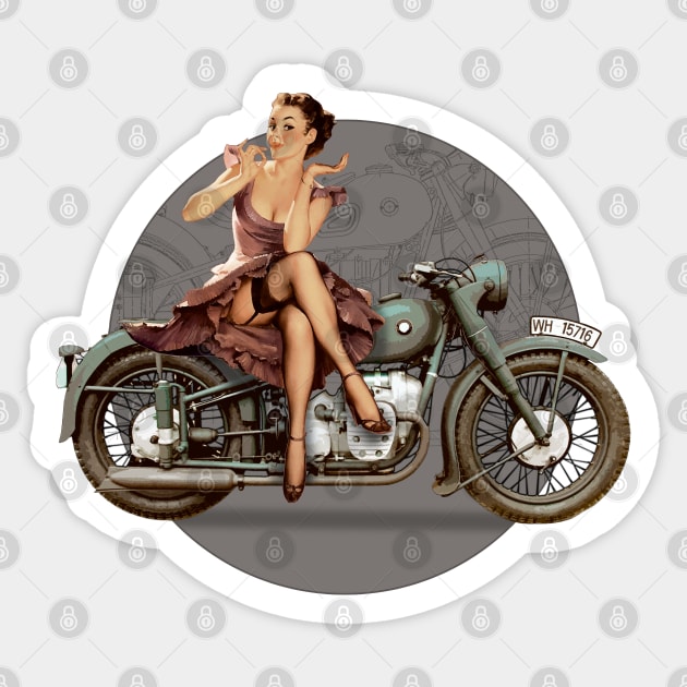 Pin-up motorcycle WWII Poster Vintage Sticker by Jose Luiz Filho
